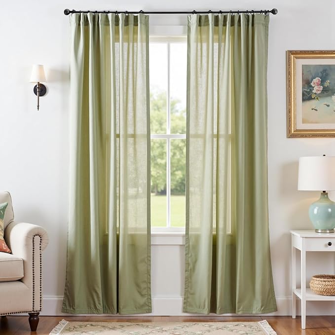 jinchan Linen Curtains Light Filtering Back Tab 50x90 Inch 2 Panels Green | Semi Sheer Curtains 90 inch length for Bedroom Living Room, Modern Farmhouse Drapes with Rod Pocket, Natural Boho Curtains
