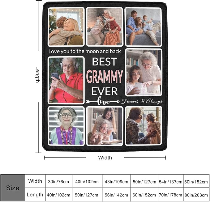 Gifts for Grammy Custom Blanket with Photo, Make a Personalized Family Blankets with Picture, Customized Memories Souvenir Throws for Best Grammy Ever, 8 Collage Made in USA