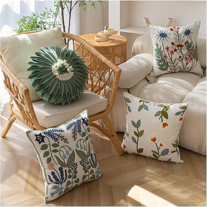 YIcabinet Pillow Covers Set of 2, Embroidered Branch Pattern Throw Pillow Cover,Square Cotton Cushion,Pillow Case for Sofa Bedroom Couch,18"x18"