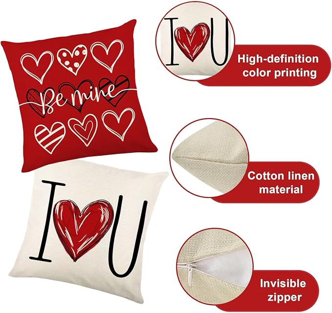 ONFAON Valentines Day Decorations-Valentines Day Pillow Covers 18x18 Inch Set of 4 Red Heart Love You More for Large Couch Sofa Home Indoor Outdoor Holiday Decorations