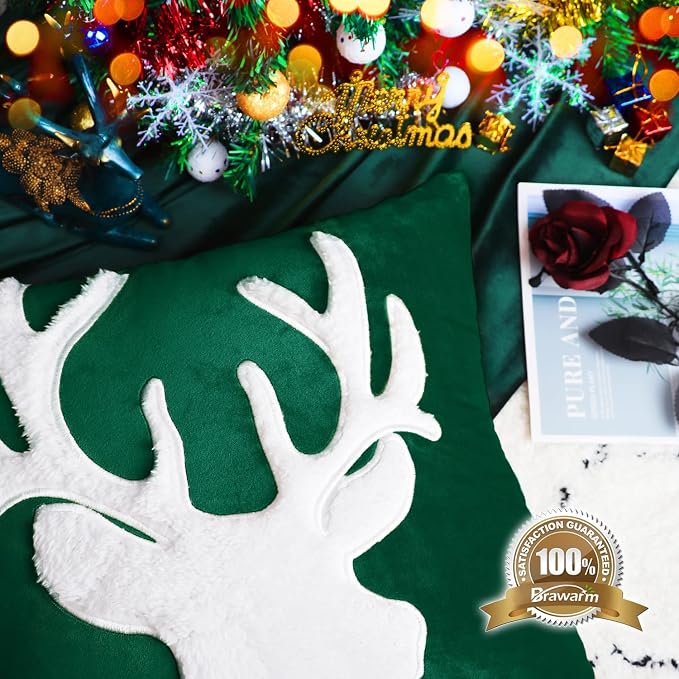 BRAWARM Christmas Pillow Cover 18 X 18 Inches, Christmas Green Reindeer Embroidered Pillow Cover, Soft Velvet Decorative Throw Pillow for Couch Bed Sofa Living Room Home