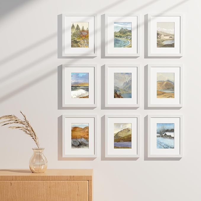 Vittanly 8x10 Picture Frames Set of 9 for Wall or Tabletop Display, White | Display Pictures 5x7 with Mat or 8x10 without Mat, Small Photo Frames, Engineered Wood with Shatter Resistant Plexiglass