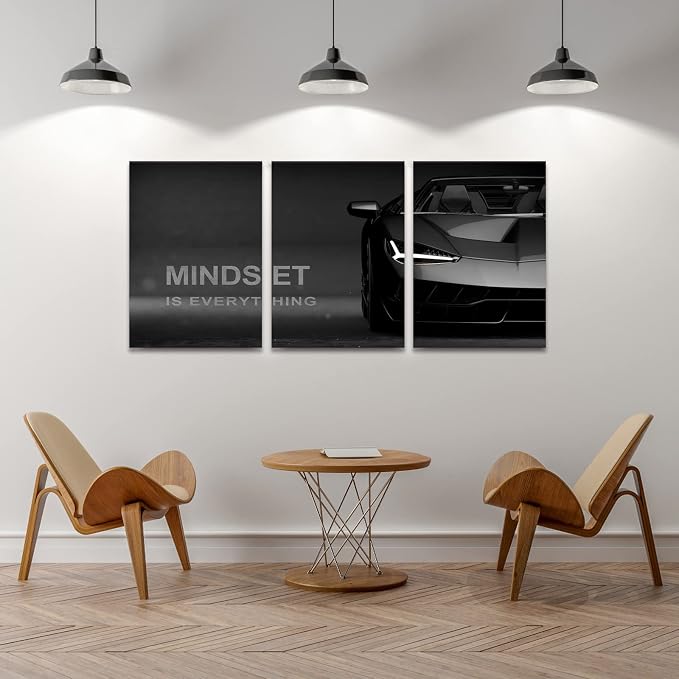 KAWAHONE Motivational Canvas Wall Art Lamborghini Posters Prints Entrepreneur -Mindset is Everything-Office Decor Set 3 Pieces Motivational Wall Art Canvas Print Inspirational Quote Ready to Hang