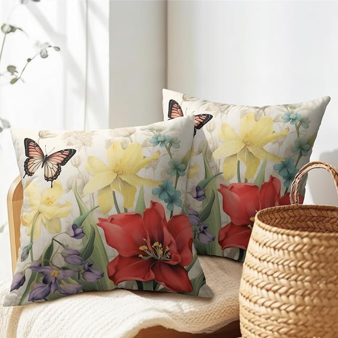 Spring Summer Flower Outdoor Decorative Pillow Covers 16x16 Inch Set of 2 Floral Butterfly Throw Pillows Spring Farmhouse Pillowcases Cotton Linen Cushion Covers for Couch Bed Sofa Chair Home Decor