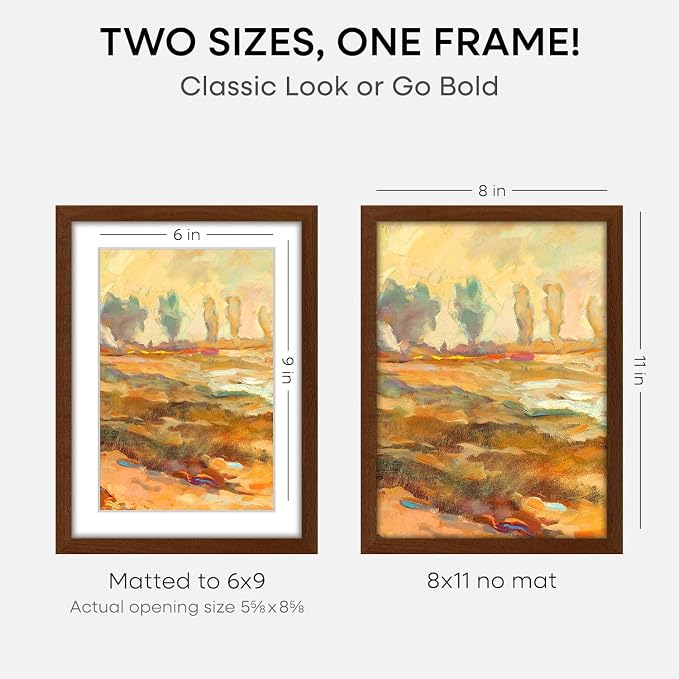 Homeforia 8x11 Brown Oak Picture Frame, High-End Wood, 6x9 Mat, Glass