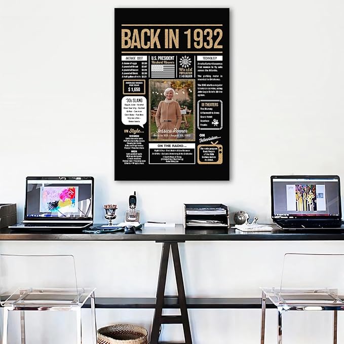 Personalized 93rd Birthday Party Decorations Men, Women, Him, Her - Custom Gifts Idea For 93 Years Old, Back In The Year You Born Newspaper For 93rd Birthday Poster No Frame Black Gold