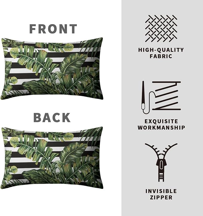 Tropical Leaves Lumbar Pillow Covers Set of 2 Summer Palm Leaves Rectangle Pillow Case 12x20 Black and White Geometric Waist Throw Pillow Covers for Living Room Sofa