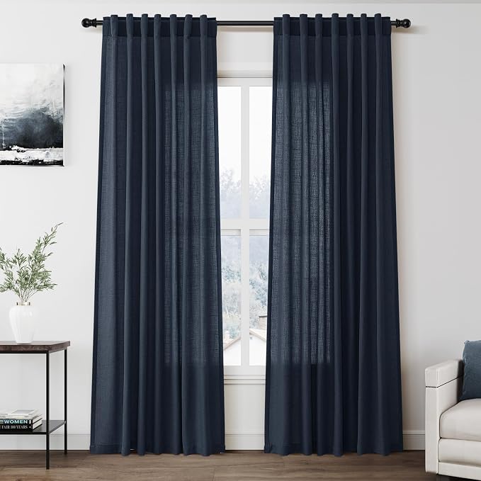 Vintage Blue Linen Curtains 84 Inch Length 2 Panels Set for Living Room Rod Pocket Back Tab Light Filtering Window Drapes for Bedroom Dining Room Protect Privacy Vintage Country Decor