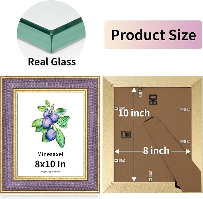 8x10 Picture Frame - Lavender Purple Fabric & Vintage Gold Border HD Real Glass with Easel for Tabletop/Wall (Family Photos, Calm Decor 4 Pack)