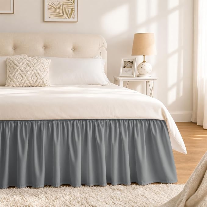 Grey Bed Skirt Queen Size 15 Inch Drop, Elastic Wrap Around Bedskirt | Solid Ruffled, Easy to Use, No Mattress Lifting, Wrinkle & Fade Resistant, with Adhesive Strips, Machine Wash/Dry/Iron