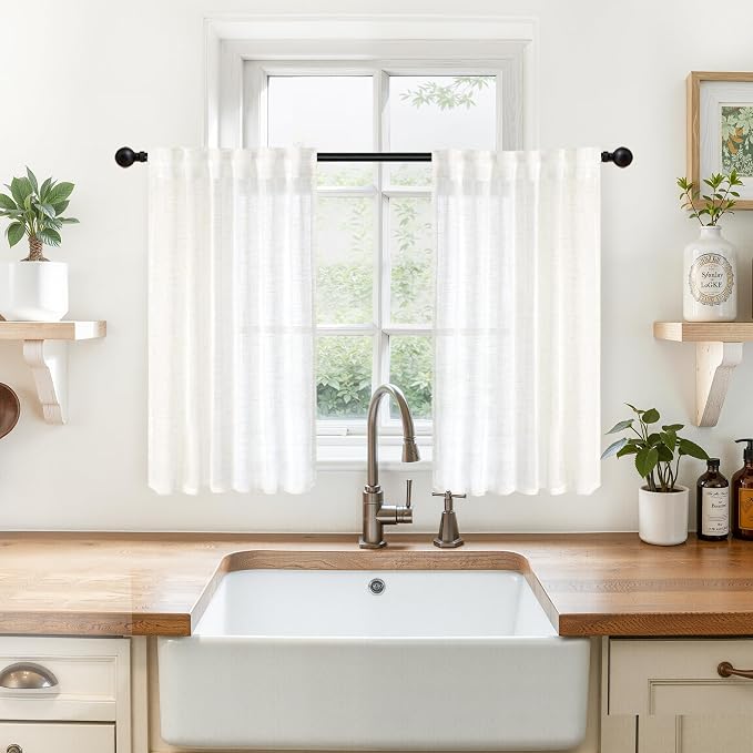 YoungsTex Linen Curtains 36 Inch Length - Kitchen Windows Drapes Semi Sheer with Rod Pocket Back Tab Natural Textured for Bathroom Over Sink, Cloud White, 2 Panels, 34 X 36 Inch
