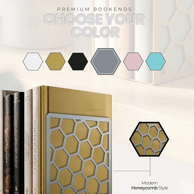 Gray Geometric Honeycomb Metal Bookends - Book Ends for Shelves - Decorative Modern Heavy Duty Bookend Stopper - Book Ends for Heavy Books - Home Office Book Holder - 1 Pair, 6x3.25x6.25 in