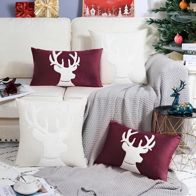 BRAWARM Christmas Pillow Cover 12 X 20 Inches, Burgundy Reindeer Embroidered Lumbar Pillow Cover, Soft Velvet Decorative Throw Pillow for Couch Bed Sofa Living Room Home