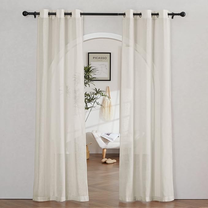 NICETOWN Natural Linen Curtains for Farmhouse 84 inch Length, Grommet Privacy Semi Sheer Linen Burlap Drapes with Light Penetration for Bedroom/Living Room, 72" Wide Total 2 Panels