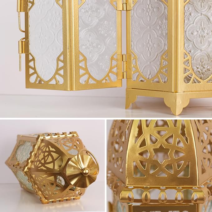 Moroccan Lanterns Decorative Indoor & Outdoor, 12.8’’ Medium Size Golden Metal Hanging&Tabletop Candle Holder Decor, Halloween Christmas Ramadan Decorations for Home Porch Patio (Golden)