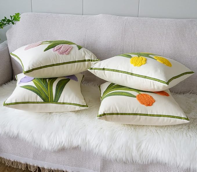 vctops Farmhouse Tulip Cotton Tufted Throw Pillow Cover Spring Floral Embroidery Pillowcase Soft Square Cushion Case for Sofa Couch Bed Chair (Orange,18"x18")
