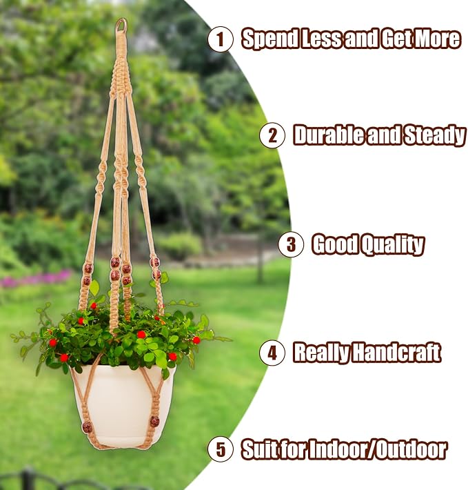 4 Pack Macrame Plant Hangers Indoor Set Large Crochet Hanging Holder, Brown