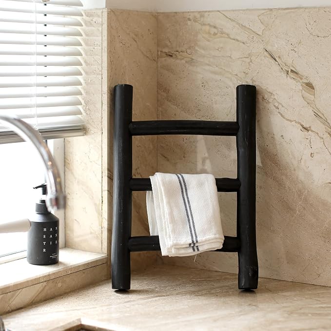 FUIN Tea Towel Ladder, Mini Rustic Solid Wood Decorative Ladder, Black | Farmhouse living room accent, Layered blanket towel quilt display, Visible wood grain, Bathroom and Bedroom use