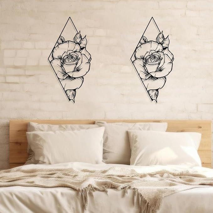 DUOOLN Metal Rose Wall Decor Art, Abstract Floral Hanging Sculpture Sign | Rustic Nature| Abstract Leaf Line Pictures |Rhombus Modern Painting|Silhouettes |Home Garden Bedroom Living Room|15.7×7.87 in