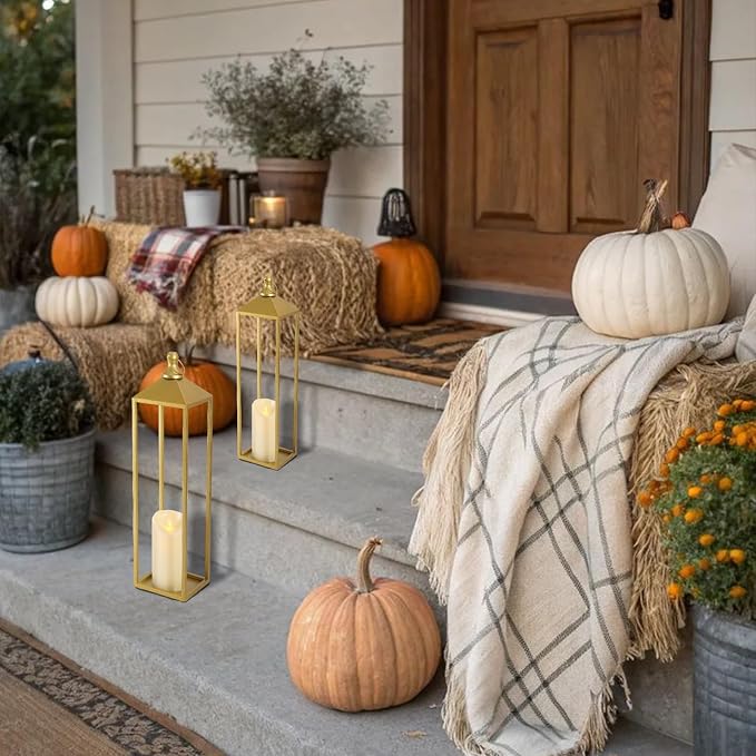 22'' 19'' Large Lanterns Decorative Outdoor Indoor, Set of 2 Gold Lantern | Metal Outdoor Lanterns Decorative for Mantle, Patio, Porch, Garden, Home Decor, No Glass with Candles