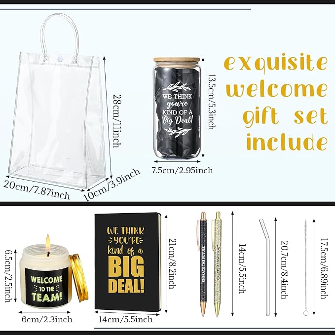 Thenshop 6 Pcs Welcome to the Team Gifts Bulk for New Employee Inspirational Glass Tumbler Notebook Pens Scented Candle with PVC Bag Employee Appreciation Gift Sets for New Coworker Office(Black)