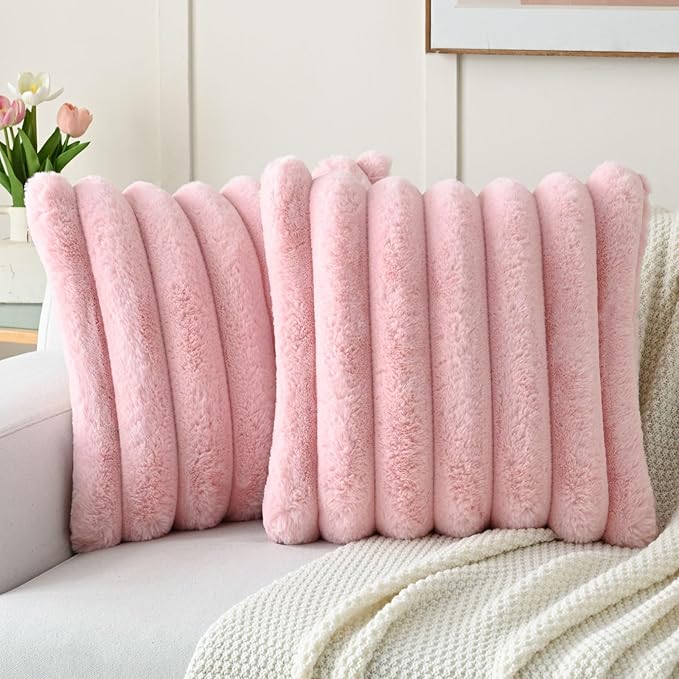 HAUSSY Pack of 2 Pillow Covers 24x24 Inch, Faux Fur Decorative Couch Throw Pillows Soft Striped Plush Cushion Covers Home Decor Cute Furry Pillowcase for Living Room Sofa Bed, Pink (Covers Only)