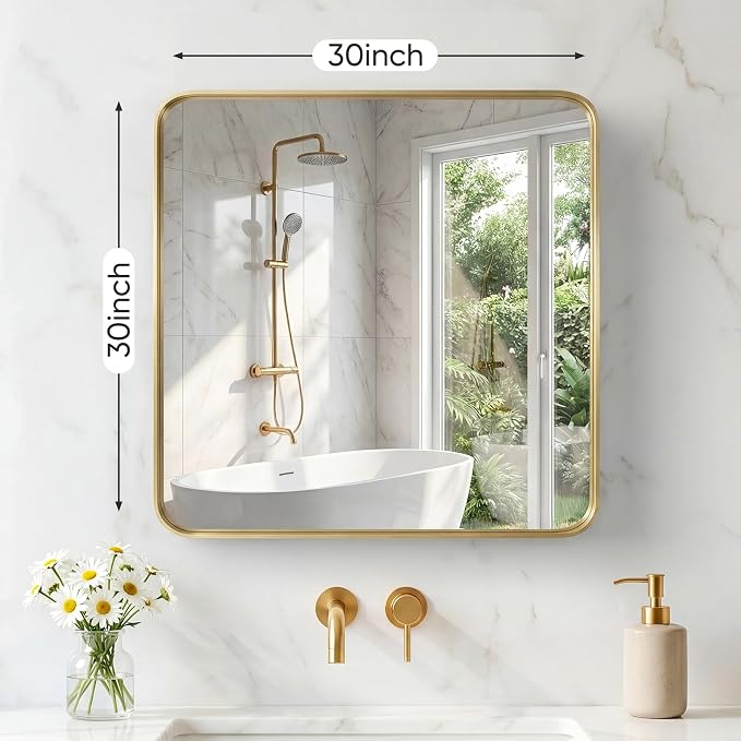 Sweetcrispy Bathroom Mirror 30x30 Inch, Vanity Mirror for Wall | Metal Framed Rounded Rectangle, Over Sink, Farmhouse Restroom, Anti-Rust, Horizontal or Vertical Hanging, Gold