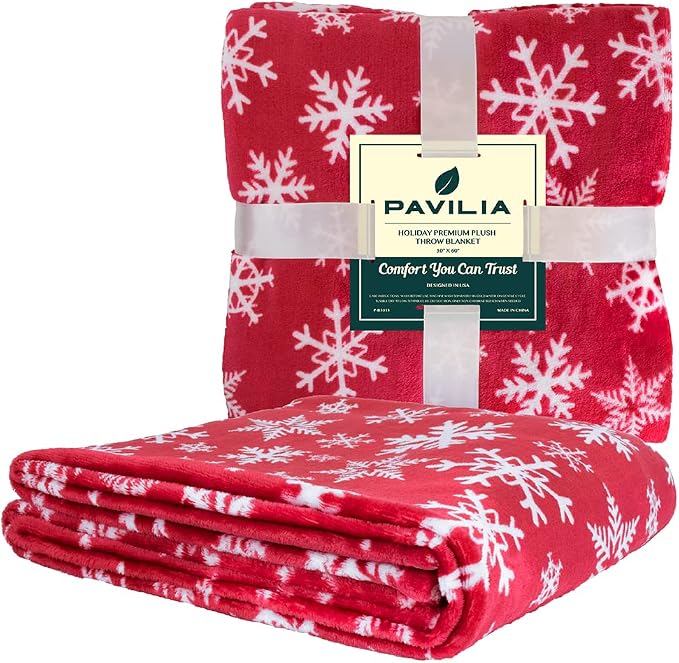 PAVILIA Christmas Throw Blanket | Red Snowflake Christmas Fleece Blanket | Soft, Plush, Warm Winter Cabin Throw, Twin 60x80 (Red/White Snowflake)