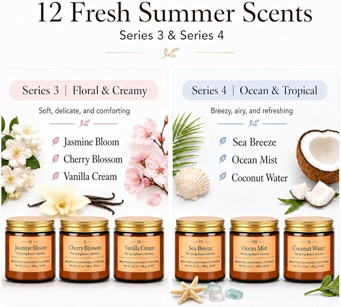 12 Pack Summer Scented Candles, 3.5 oz Amber Glass Jar Soy Candle Set | 8% Essential Oil Blend, Gifts for Women Birthday Housewarming