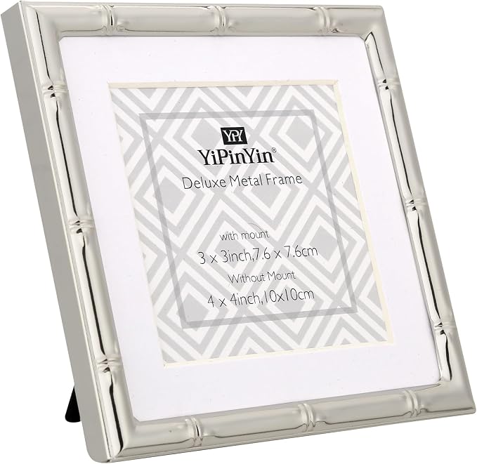 YiPinYin 4x4'' Silver Bamboo Metal Picture Frame with 3x3'' Mat Set of 2, 3x3'' Narrow Elegant Silver Plated Metal Picture Frame with Soft Touch Velvet Mat for Desktop