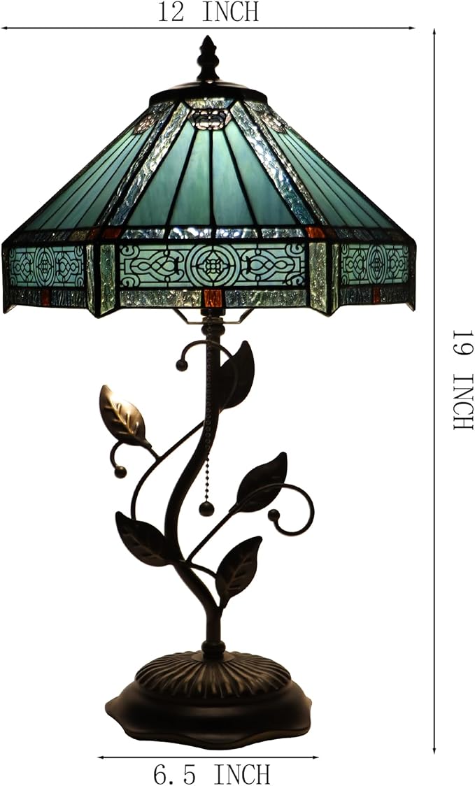 Tiffany Table Lamp, Stained Glass Desk Light, W12H19 Inch, Metal Leaf Base (Mission Style)