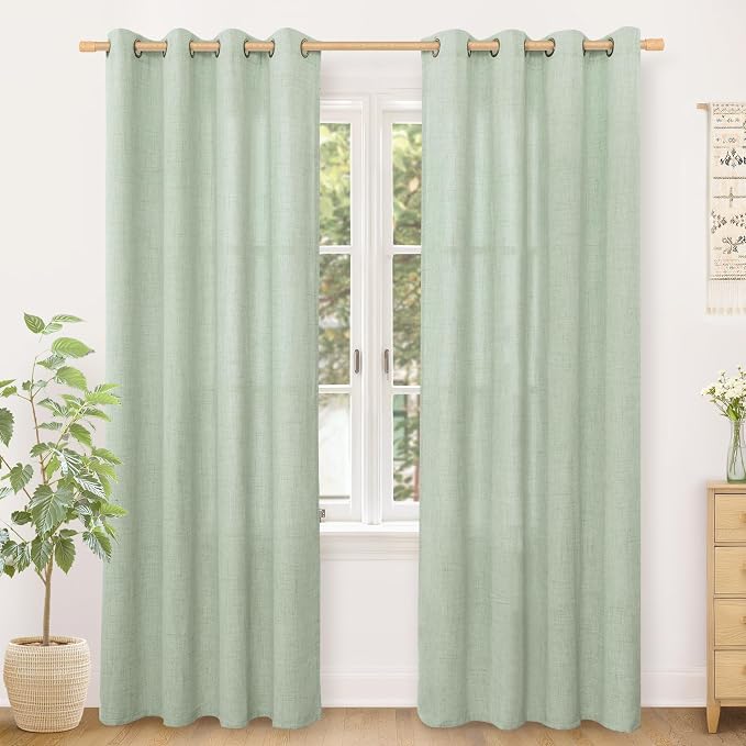 YoungsTex Sage Green Linen Curtains 80 Inches Long for Living Room, Bronze Grommet Textured Semi Sheer Drapes Privacy Light Filtering Window Treatments for Bedroom Dining, 52 x 80 Inch, 2 Panels
