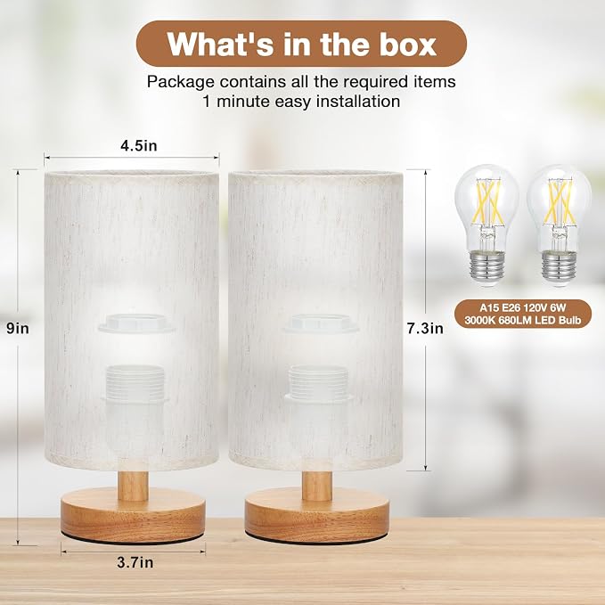 Fenmzee Small Lamps Set of 2 (Cream Shade - Wood Base, 9" Inline Control)