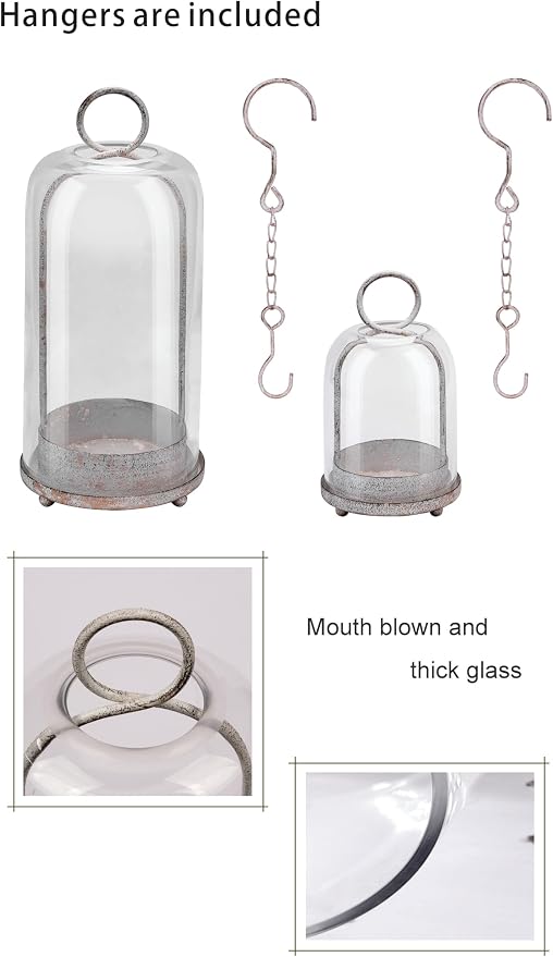 5" & 4" Wide Versatile Metal Candle Holder in Shabby White with Handmade Thick, Heavy & Sturdy Glass Dome for Pillar Candle, Industrial, Modern, Shelf, Mantel, Veranda, Porch