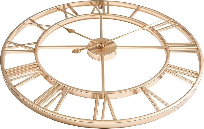 CLXEAST Silent 24 Inch Wall Clock for Living Room Decor,Gold Roman Numeral | Non Ticking,Thicker Champagne Gold Metal Wall Clock for Dinning Room,Entryway,Home Office & Fireplace Decor