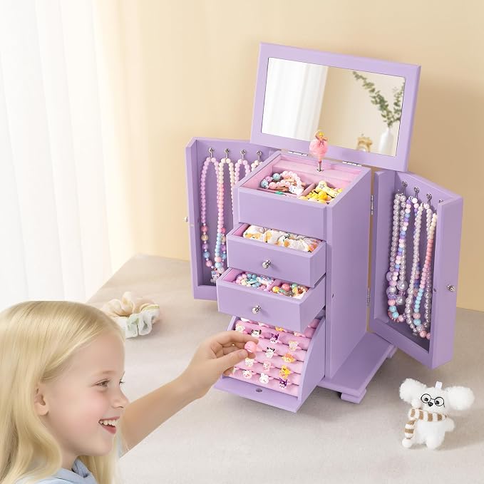 Emfogo Musical Jewelry Box for Girls, Large Kid Music Box with Ballerina for Birthday Bedroom Decor, 5 Layer Girl Jewelry Gifts for Girls Kids - Purple