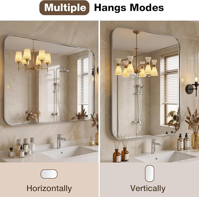 30"x36" Bathroom Mirror for Over Sink, Brushed Nickel Vanity Mirror | Aluminum Alloy Frame, Clear Reflection, Rust-Resistant, Vertical or Horizontal, Wall Mount, Bedroom and Entryway