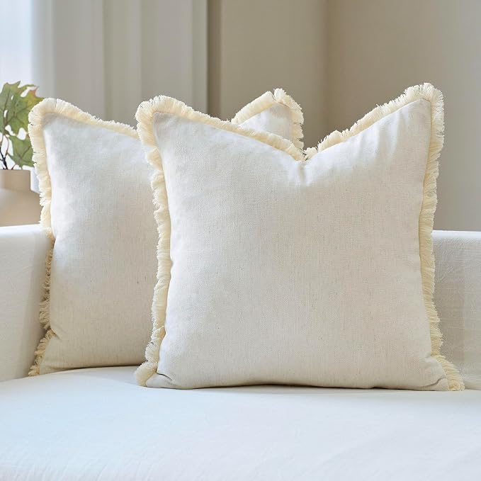 Amor Virisso Fringe Throw Pillow Covers 20x20 Set of 2 Boho Neutral Farmhouse Decorative Pillow Covers with Tassels for Couch Sofa Bed, Cream White
