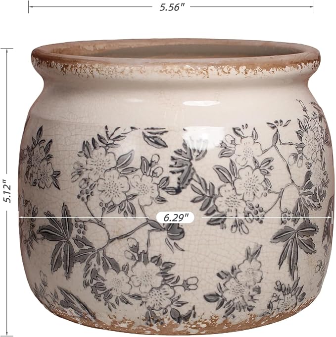 Vintage Ceramic Plant Pots, Old World Flower Pots for Indoor Outdoor Plants | 6.29" Retro Distressed Crackle Glaze Pottery Planter with Drainage, Farmhouse Floral Home Decor, Rustic Grey