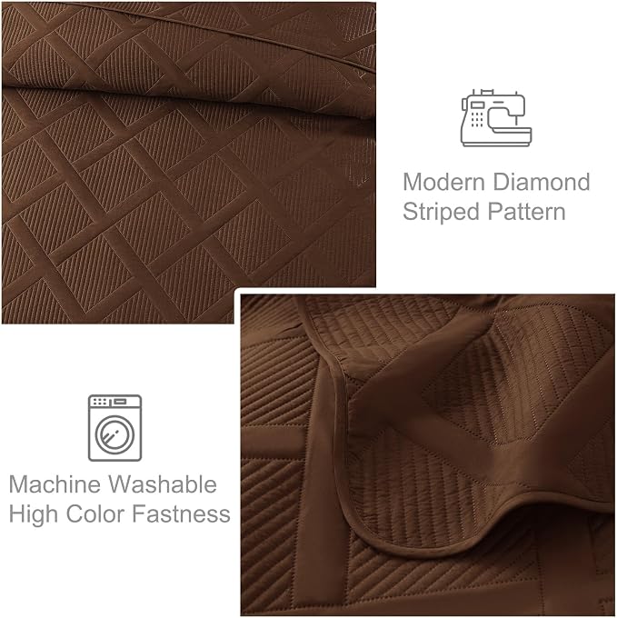 Exclusivo Mezcla California King Size Quilt, Brown | Soft Bedspreads with 2 Pillow Shams, Modern Striped Pattern, Lightweight Bedding Set Coverlets for All Seasons, 112x104 Inch