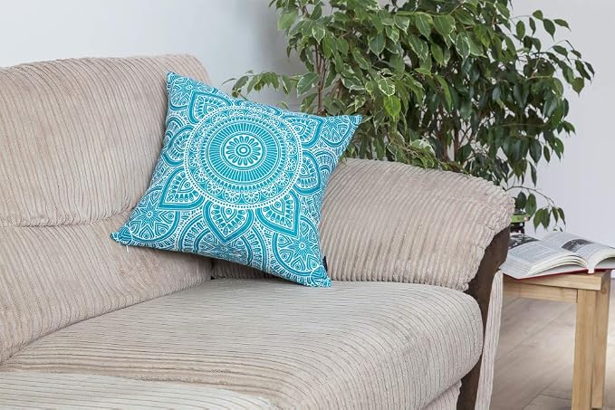 TreeWool Mandala Accent Throw Pillow Covers 18x18 Set of 2 (Turquoise) | Decorative Throw Pillowcases for Sofa & Couch; 100% Cotton Accent Covers Ideal for Spring & Summer Stylish Home Decor