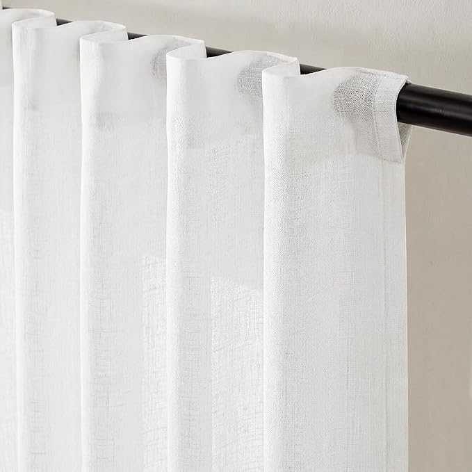 jinchan Linen Curtains Light Filtering Back Tab 50x96 Inch 2 Panels White | Semi Sheer Curtains 96 inch length for Bedroom Living Room, Modern Farmhouse Drapes with Rod Pocket, Natural Boho Curtains