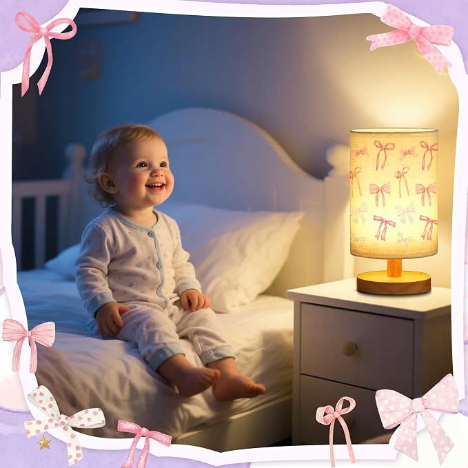 WSYEAR Daughter Gifts Bow Kids Table Lamp for Bedroom Kids Bedside Lamp with Linen Wooden Nightstand Cartoon Nursery Lampshade for Girls Living Room