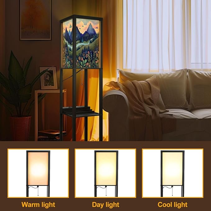 Floor Lamp with Shelves Luxuriant Forest Floral Patterns Artful Woodcut Print Standing Tall Lamp USB Ports & Power Outlet Modern Corner Lamp Nightstand Light for Living Room Bedroom