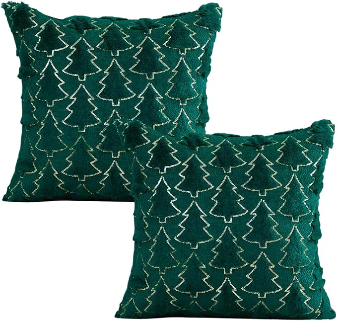 VAKADO Christmas Throw Pillow Covers 18x18 Set of 2 Embroidered Decorative Xmas Couch Cushion Cases Holiday Soft Home Decor for Bedroom Sofa Chair Porch Winter, Green