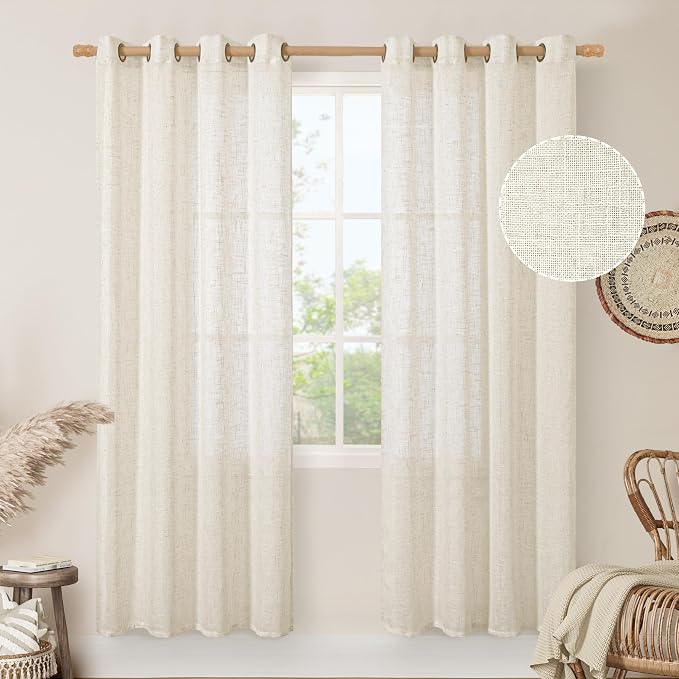 80 Inches Long Natural Linen Curtains for Living Room 2 Panels Set | Light Filtering, Sheer Bedroom Curtains, Faux Linen Textured, Boho, Panels for Farmhouse, Porch, Bronze Grommet, 52 x 80 Inch