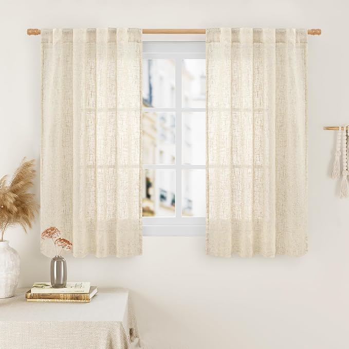 Short Window Linen Curtains 48 Inch Length 2 Panels, 34 x 48 Inch | Beige, Semi Sheer Curtains, Light Filtering Panels, Rod Pocket Back Tab, Neutral Drapes for Bathroom, Loft Room, Kitchen