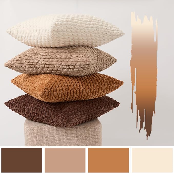 Kevin Textile Decorative Pillow Covers 18x18 Inch Set of 4 Soft Boho Corduroy Throw Pillow Cases Mix and Match Colors Plush Texture Throw Pillows for Sofa Couch Bedroom Home Decor Neutral Brown