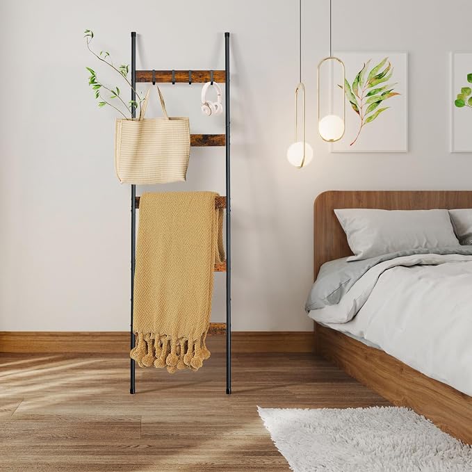 ELYKEN Blanket Ladder, 5-Tier Towel Rack, Wall-Leaning Quilt Holder | Farmhouse Wood Display Stand with 4 Hooks, Decorative Rack Shelf for Living Room, BedRoom, Bathroom, Rustic Brown