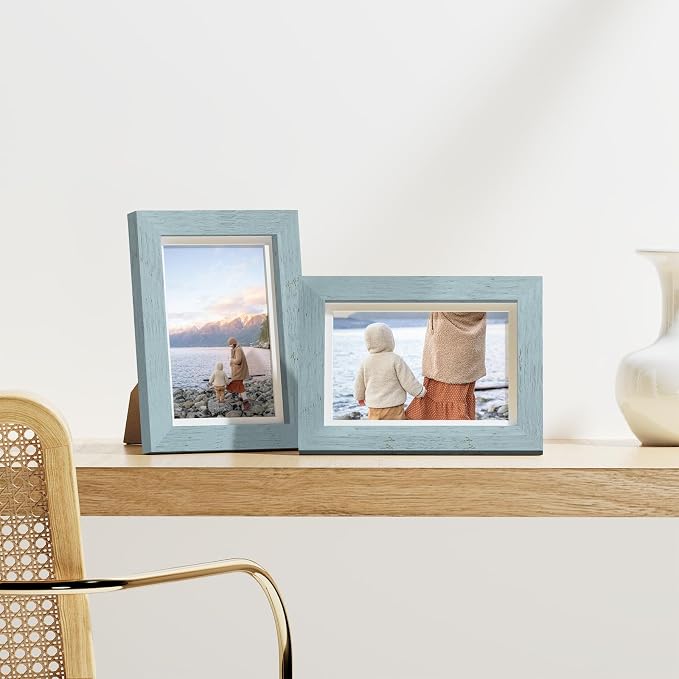 Vittanly 4x6 Picture Frames Set of 9, Wall & Tabletop, Rustic Blue | Display Pictures 3.5x5 with Mat or 4x6 without Mat, Small Photo Frames, Engineered Wood with Shatter Resistant Plexiglass